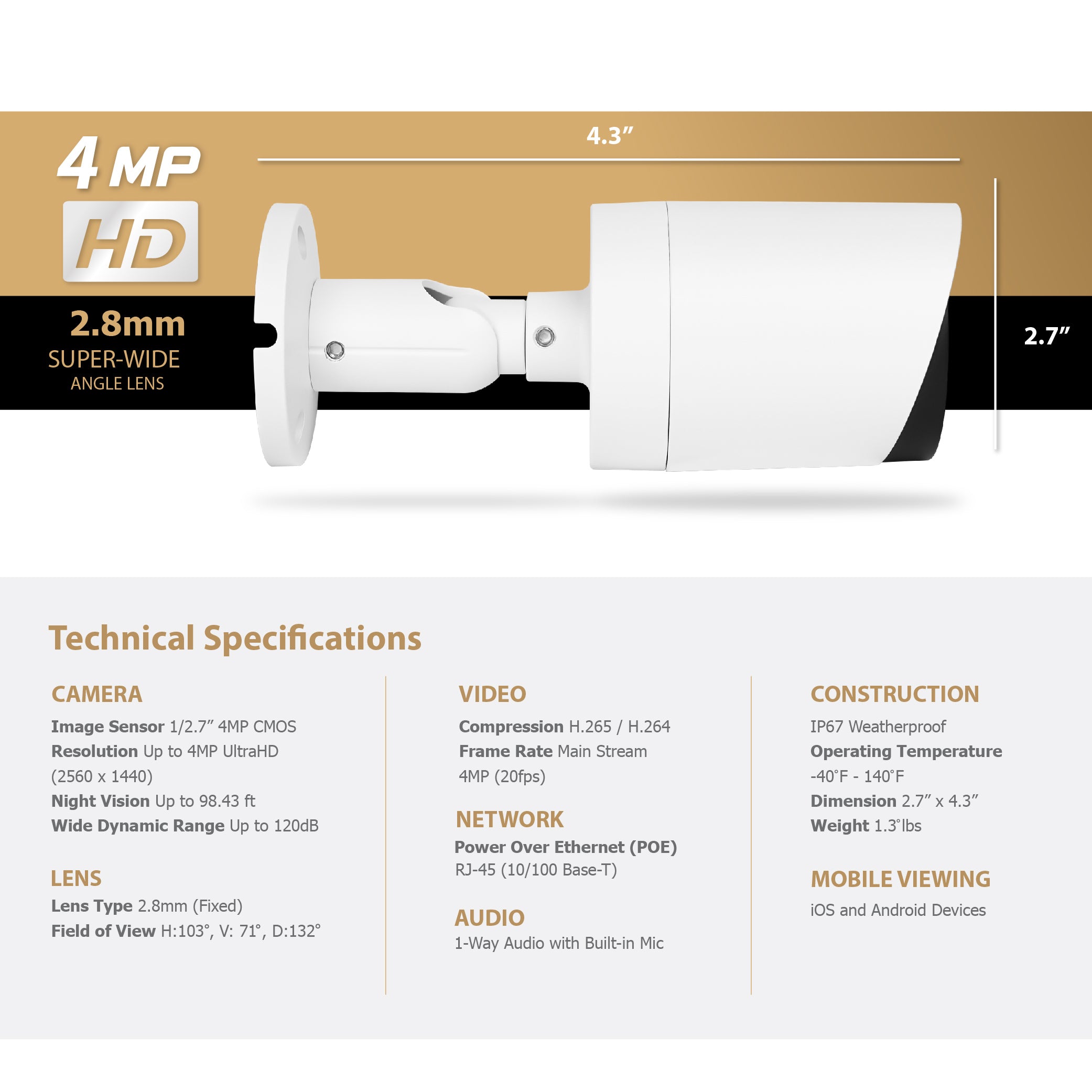 Hikvision/Uniview Compatible IP Bullet Camera (4MP)- IPC-YB400