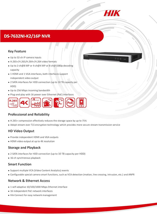 Hikvision - DS-7632NI-K2/16P (32ch NVR)