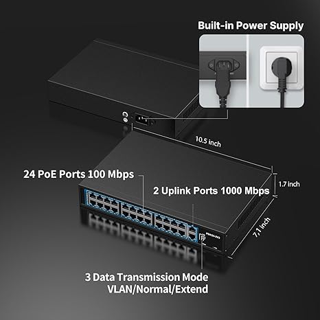 24 Port PoE Switch with 2 Gigabit Uplinks (280W)
