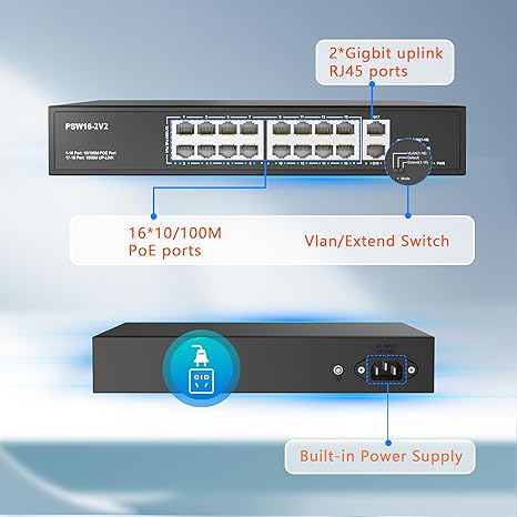 16 Port PoE Switch with 2 Gigabit Uplinks