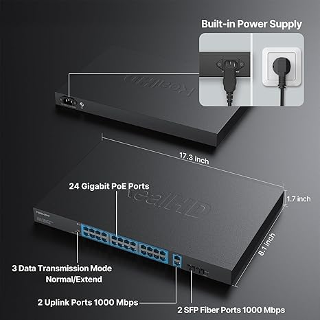 24 Port PoE Switch with 2 Gigabit Uplinks & 2 SFP Ports (400W)