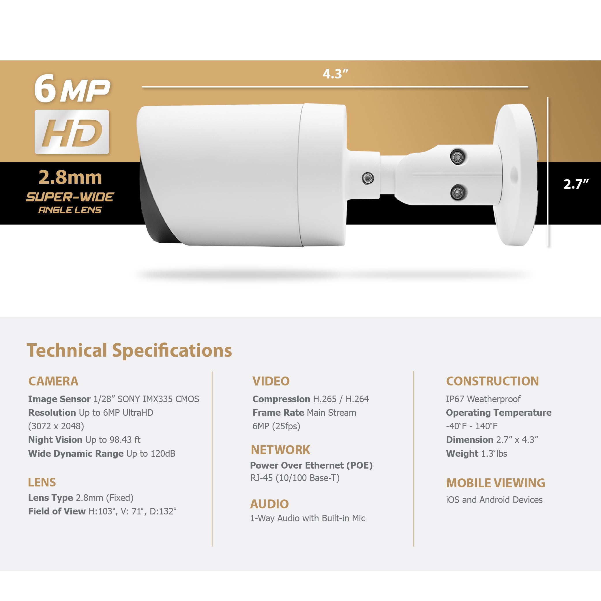 Hikvision/Uniview Compatible IP Bullet Camera (6MP)- IPC-YB624