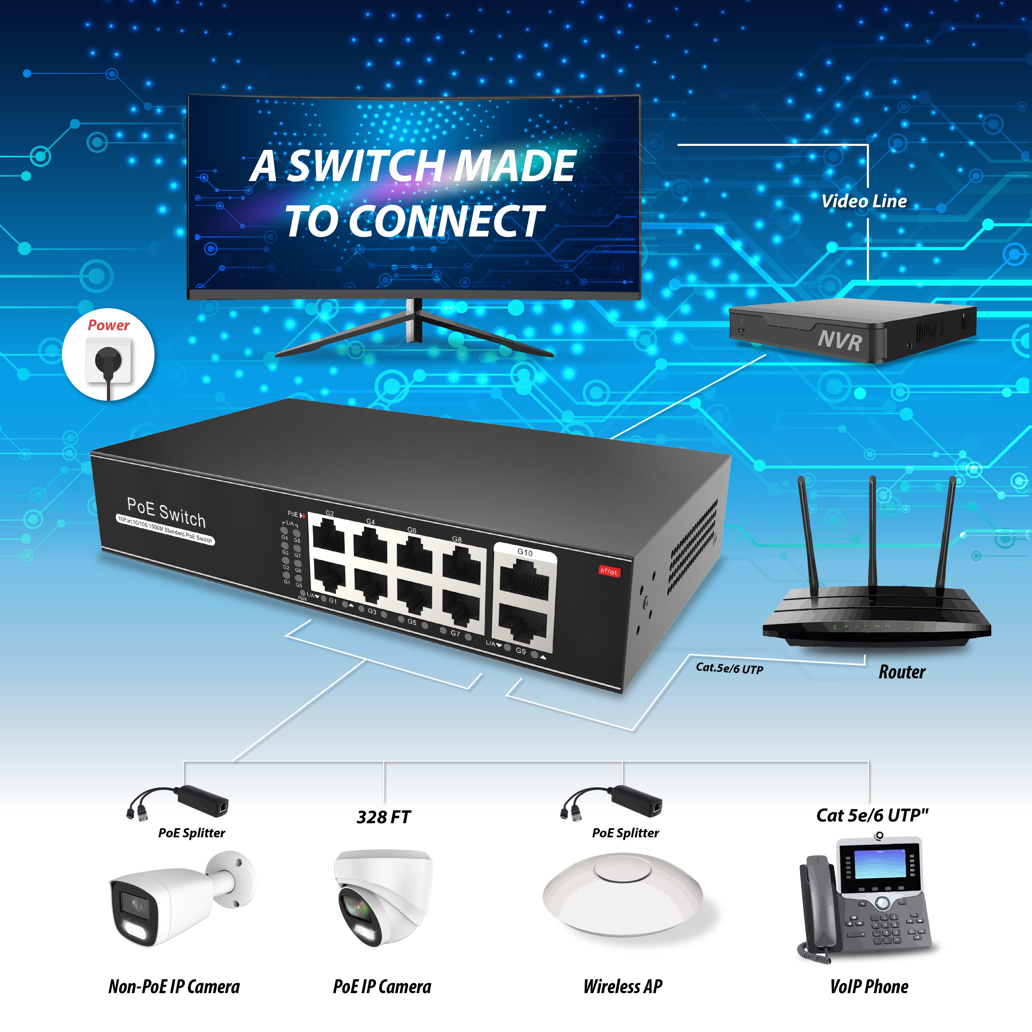 8 Port PoE Switch with 2 Gigabit Uplinks