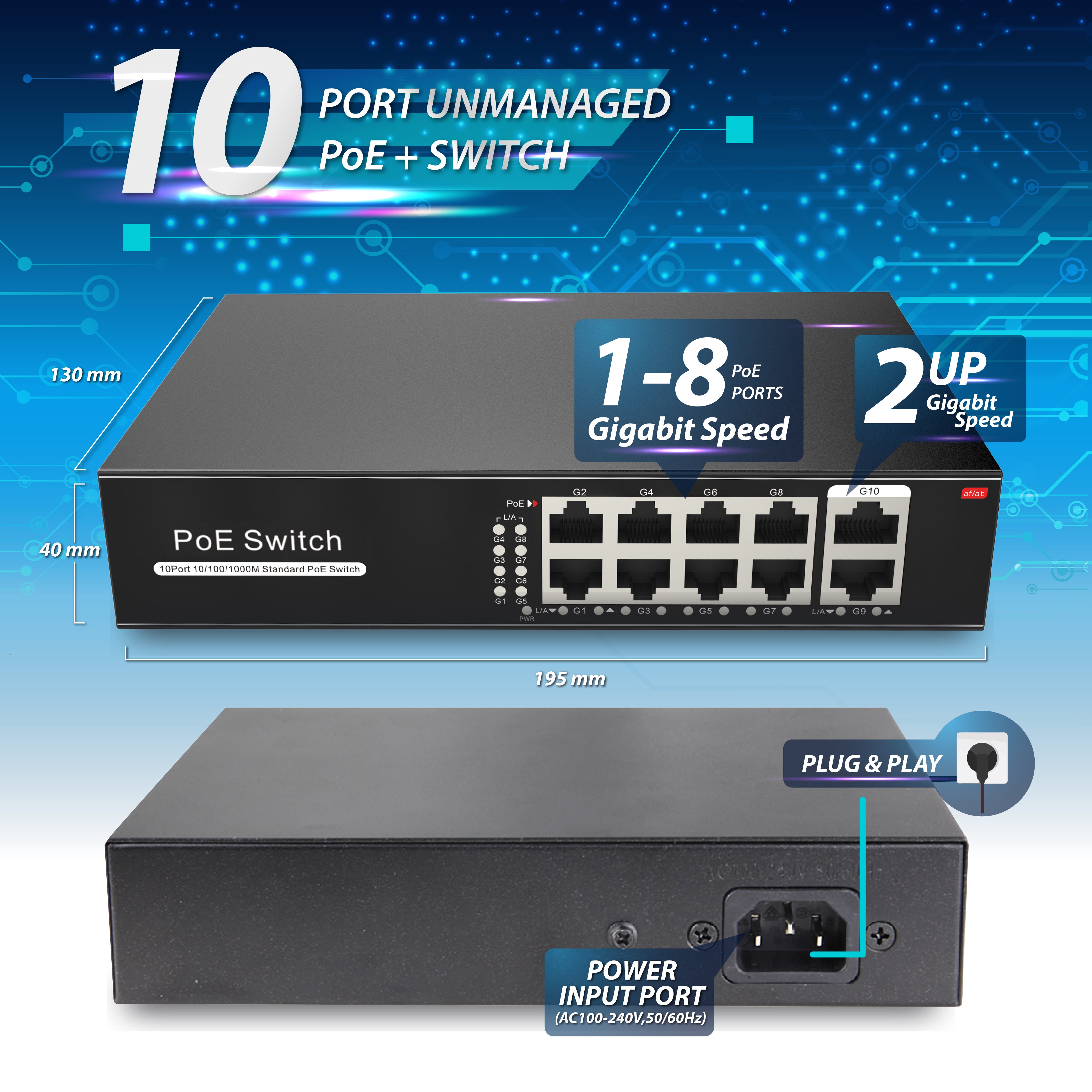 8 Port PoE Switch with 2 Gigabit Uplinks